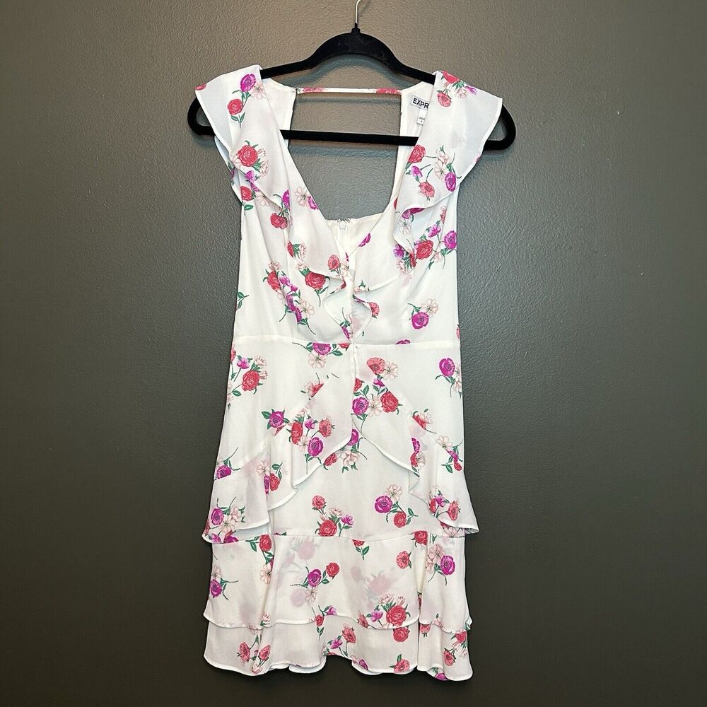 NWT Express Floral Pink White Ruffle Dress Size‎ 2 Sleeveless Fit Flare Mini